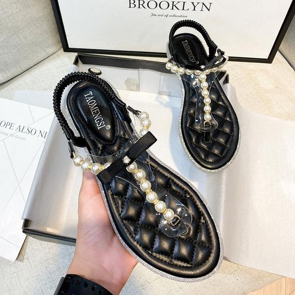 

roman sandals women 2021 summer wear flat bottom pearl with rhinestone shining size 43, Black