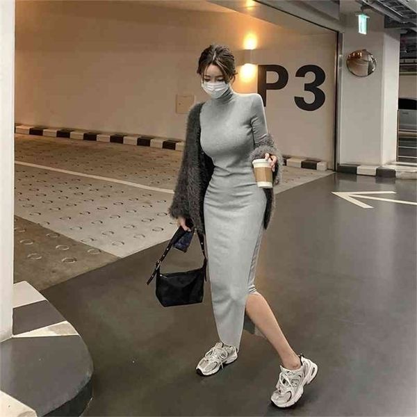 

south korea east gate women's autumn winter slim, hip and figure high collar side slit dress 210416, Black;gray