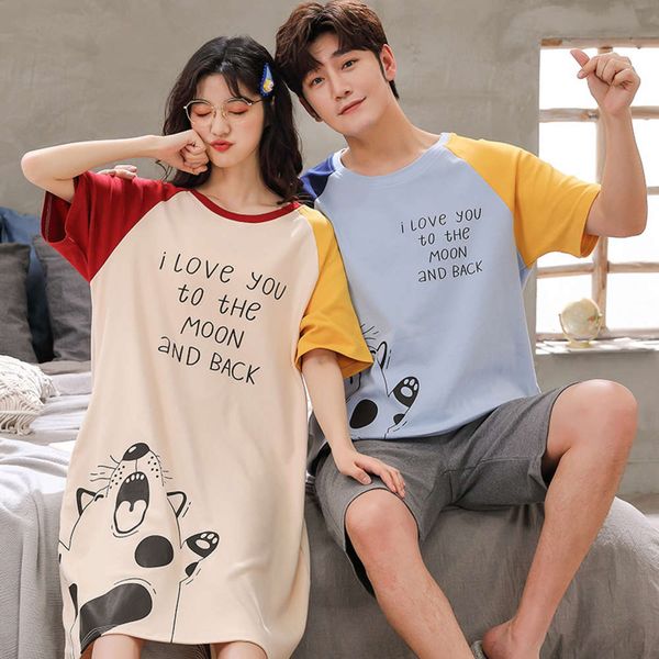 

katoen new pair summer of pyjamas set short mouw losse plus size lovers nightwear men women cartoon pack, Black;brown