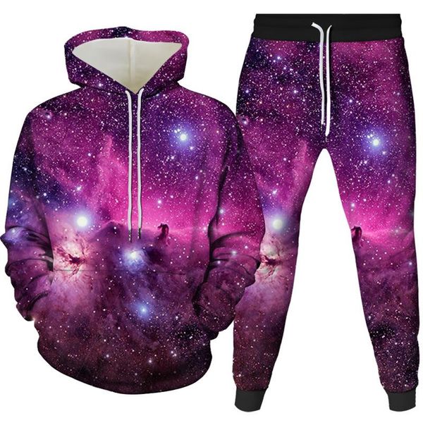 

jogging clothing starry sky series two-piece suit couple hooded sportswear 3d print fashion man long sleeve hoodie pullover sweater + sweatp, Black;red