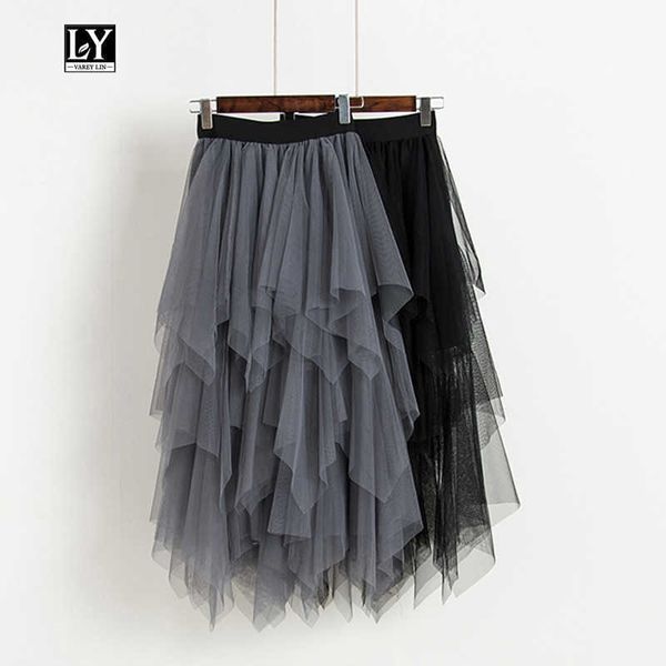 

ly varey lin tulle skirts spring autumn women high waist mesh slim black casual hem asymmetrical pleated knee-length 210526