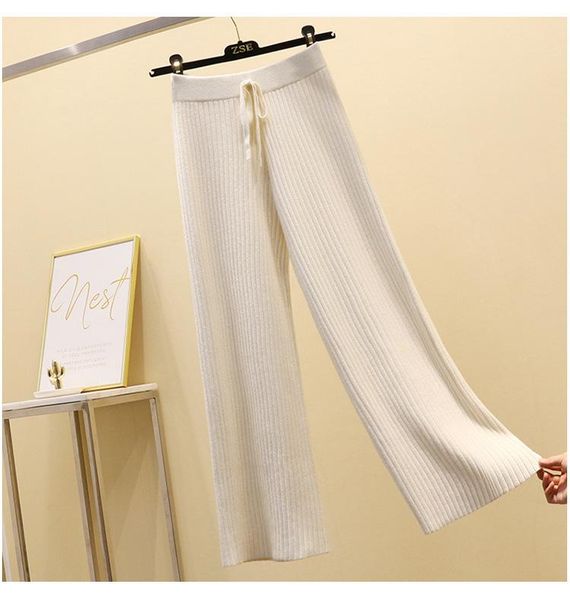 

women's pants & capris 2021 spring winter casual straight women female drawstring loose high waist knitted wide leg trousers, Black;white