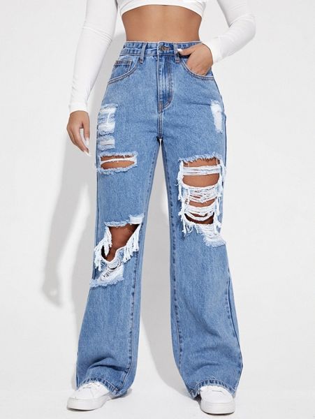

high waist ripped wide leg jeans r7gq#, Blue