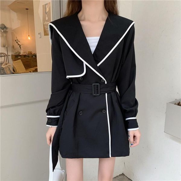 

women trench coat sailor collar patchwork wide-waisted sashes french fashion daily elegant loose slim office lady all-match women's coa, Tan;black