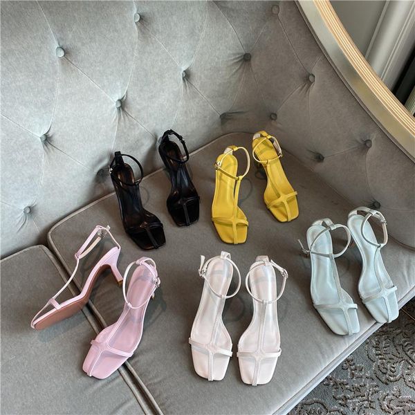 

square toe thin high heels women sandals slip on chain decoration summer party pumps, Black