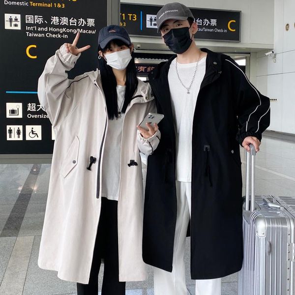 

men's trench coats oversized coat fashion casual black beige hooded long men korean loose windbreaker jacket mens overcoat, Tan;black