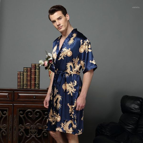 

men's sleepwear chinese dragon male silk dressing gown mens satin robe with dragons kimono men 12831 ez1k, Black;brown