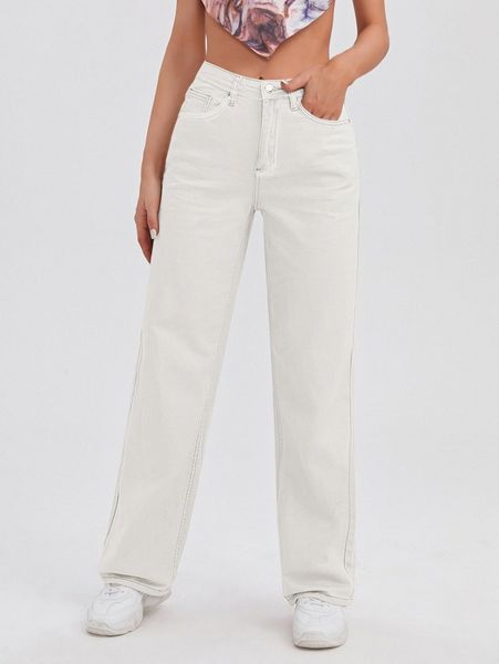 

high waist slant pocket straight jeans 984m#, Blue