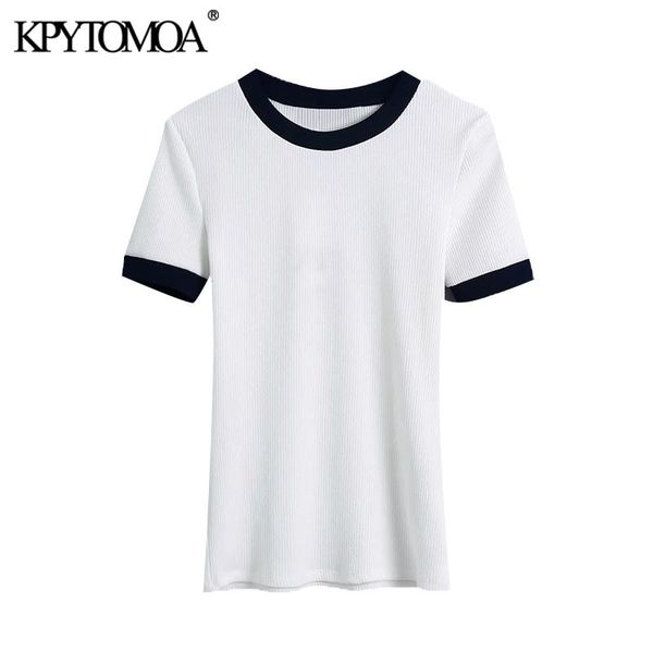 

women sweet fashion patchwork ribbed trims white t shirt vintage o neck short sleeve female tees mujer 210416