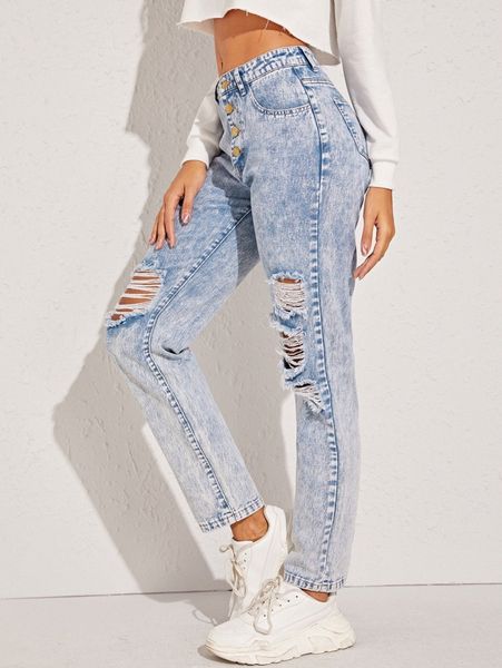 

acid wash button fly straight leg jeans b6lb#, Blue