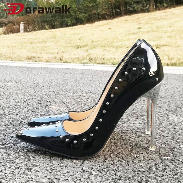

dress shoes rivets high heels 11 cm chic women pumps pointed toe stilettos fetish club model show party ladies plus size 46, Black