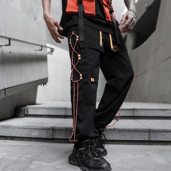 

men spring summer personality side drawstring hip hop pants streetwear joggers mens vintage casual men's, Black