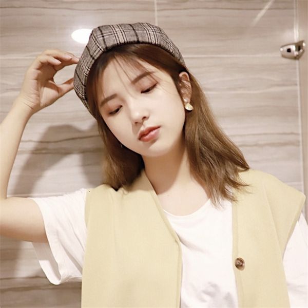 

plaid beret female autumn winter student print artist hat bud hat versatile british women's octagonal hat, Blue;gray