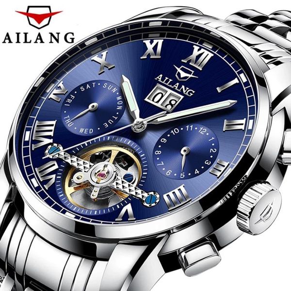 

wristwatches ailang men business tourbillon multifunctional automatic mechanical calendar 24 hour indicator stainless steel strap watch 8505, Slivery;brown
