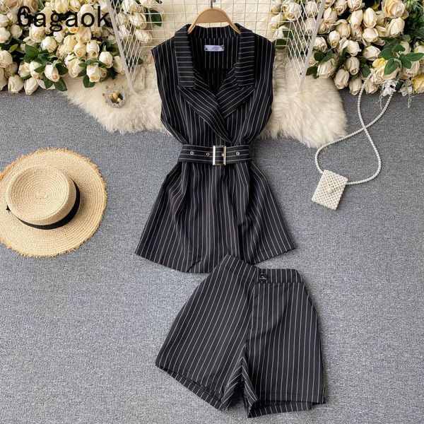 

women's tracksuits gagaok office lady women two piece set 2021 summer simple fashion retro suits v-neck sashes + striped shorts, Gray