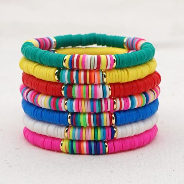 

charm bracelets boho colorful polymer clay bracelet set for women adjustable elastic soft pottery female summer beach jewelry, Golden;silver