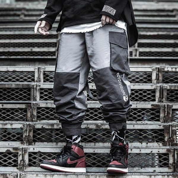 

aprilmomo functional patchwork ribbons cargo pants 2021 tactical fashion elastic waist joggers men hip hop casual trousers men's, Black