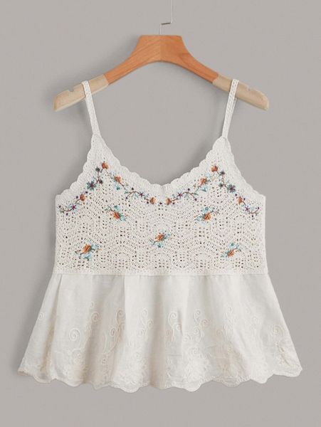 

floral embroidery scallop trim cami 702z#, White