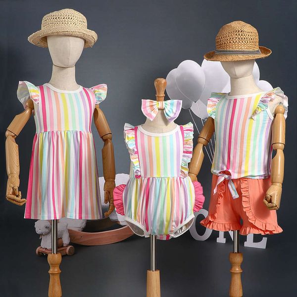 

boys and girls suits summer children's color stripe series suit dress girls' sister dress, White
