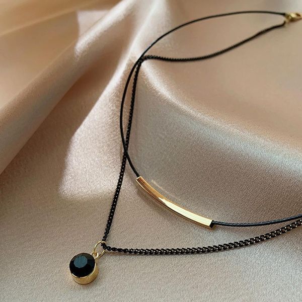 

pendant necklaces lovelink fashion bending tube velvet zircon choker necklace double layer style torque black short leather, Silver