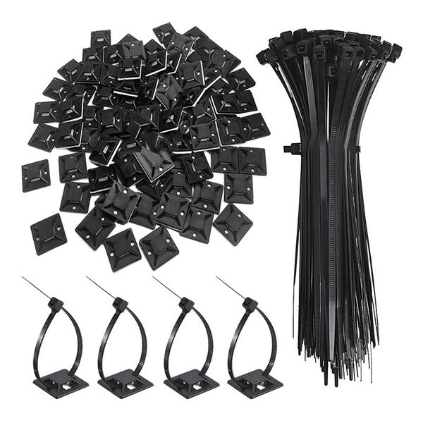 Outros suprimentos de jardim 120 PCS Black 8inch Zip Ties Titular Titular, Suporte Auto-adesivo Grampos de Gerenciamento Organizador