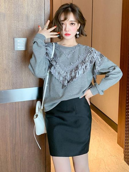 

women's tracksuits stitching layers of lotus leaf lace trim pullover sweater + high waist bag hip half skirt suit 2021 autumn, Gray