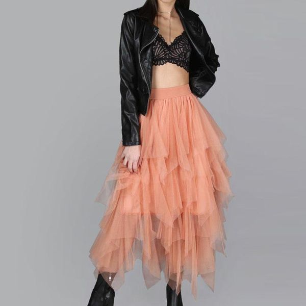 

skirts faldas muje orange ruffles tulle women fashion soft skirt asymmetrical elastic female bottoms saias custom made, Black