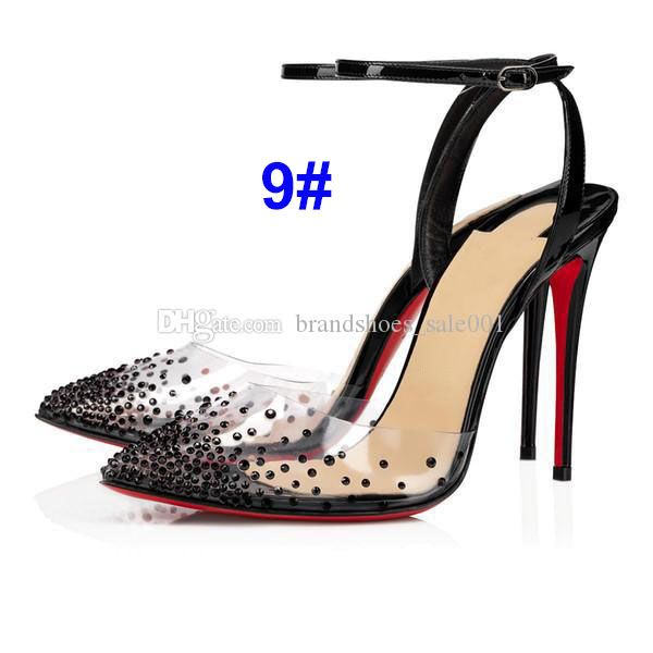 

women shoes red bottom high heels flat pvc pointed toe spikes leather sandals ankle strap 8cm 10cm 12cm, Black