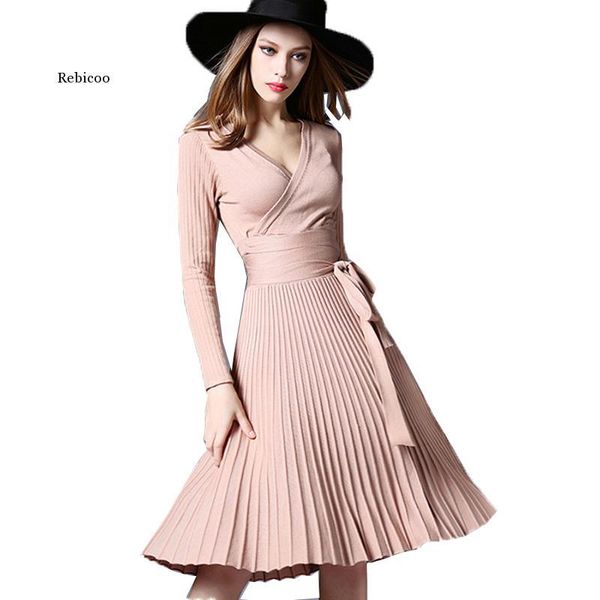 

casual dresses winter knitted sweater dress women long sleeve elegant pleated midi ladies party vestidos, Black;gray