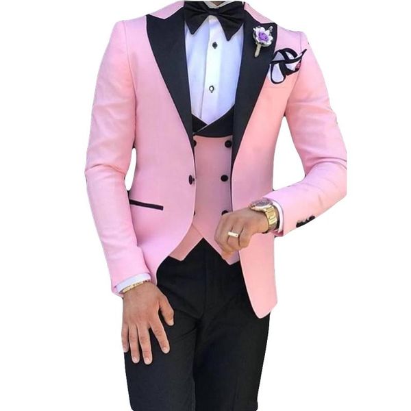 

men's suits & blazers pink with black lapel for men 2021 custom made terno slim groom3 piece wedding mens suit masculino(jacket+pant+ve, White;black