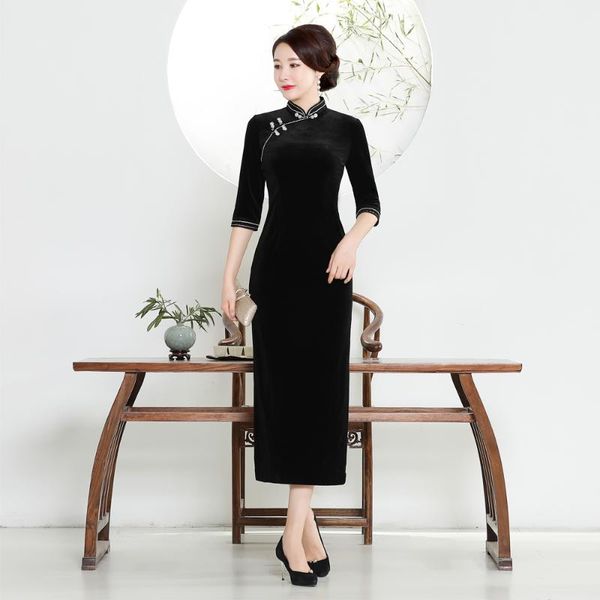 Ethnische Kleidung Asiatische Frauen Täglich Slim Qipao Elegante Split Lange Cheongsam Winter Samt Vestidos Mandarin Kragen Vintage Weibliche Kleider