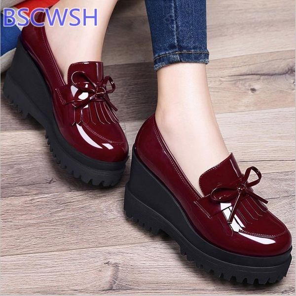 

dress shoes 2021 women's high heels patent leather british thick-soled work spring and autumn wedge platform tassel pumps, Black