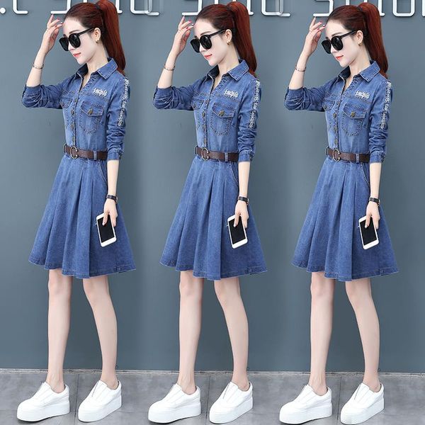 

casual dresses early autumn temperament dress women's 2021 fashion long-sleeved foreign air denim, Black;gray