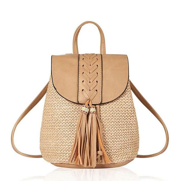 

autumn/winter straw braided backpack women's bag tassel woven bucket shoulder messenger bags