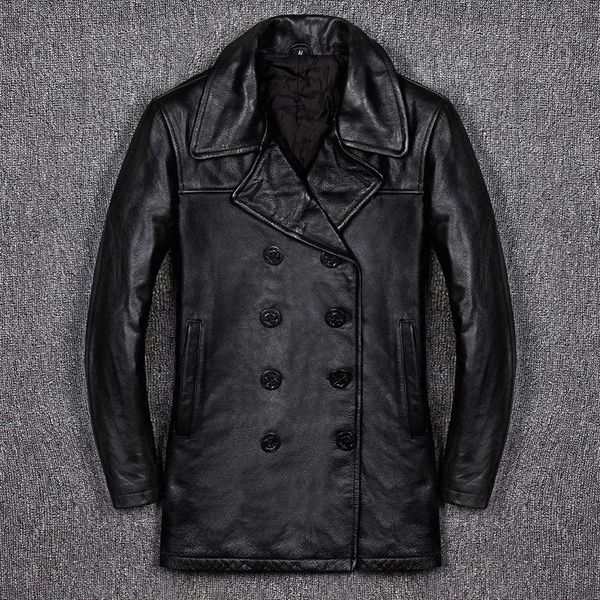 

men's leather & faux 2021 genuine jacket men business plus cotton casual slim fit windbreaker cowhide long winter coat, Black