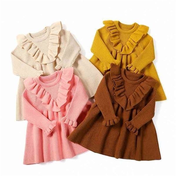 Abiti per l'autunno inverno a maniche lunghe in maglia principessa colletto a foglia di loto vestito caldo vestiti per bambini 210331