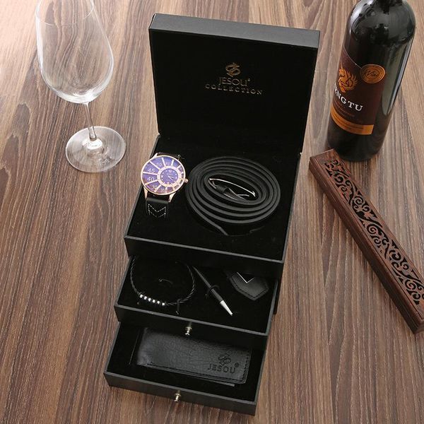

wristwatches fashion business suit watch + belt key chain wallet high-end leather bracelet (6pcs / set) men's set, Slivery;brown