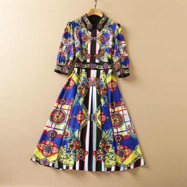 

casual dresses european and american women's clothing winter 2022 new 7 minutes of sleeve beaded lapels with vintage blue print fashion, Black;gray