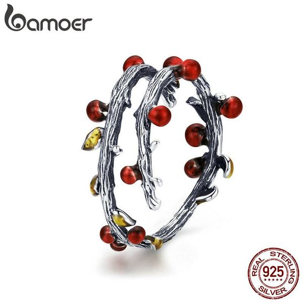 

wedding rings bamoer real 925 sterling silver autumn withered tree leaves adjustable finger for women ring jewelry anel scr442, Slivery;golden