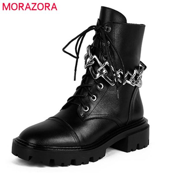 

boots morazora 2021 genuine leather shoes women motorcycle chain fashion cool platform casual ankle, Black