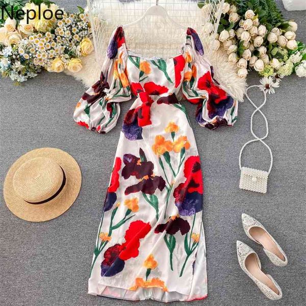 

flower print puff sleeve women dress french square collar high waist vestidos elegant holiday beach female dresses 49634 210422, Black;gray