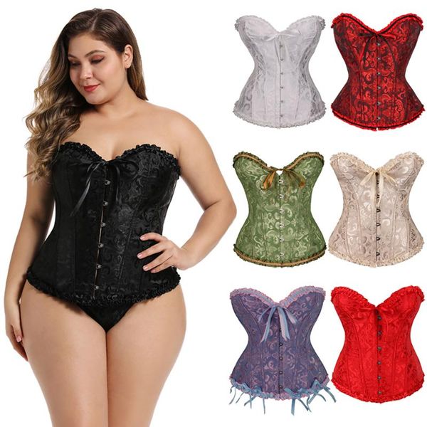 

bustiers & corsets women lace up corset boned waist zip floral brocade overbust female slimming clothing plus size s-6xl, Black;white