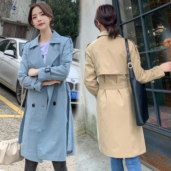 

women's trench coats female fall 2021 elegant double-breasted mid-length belt was thin windbreaker fashion outwear sale z466, Tan;black