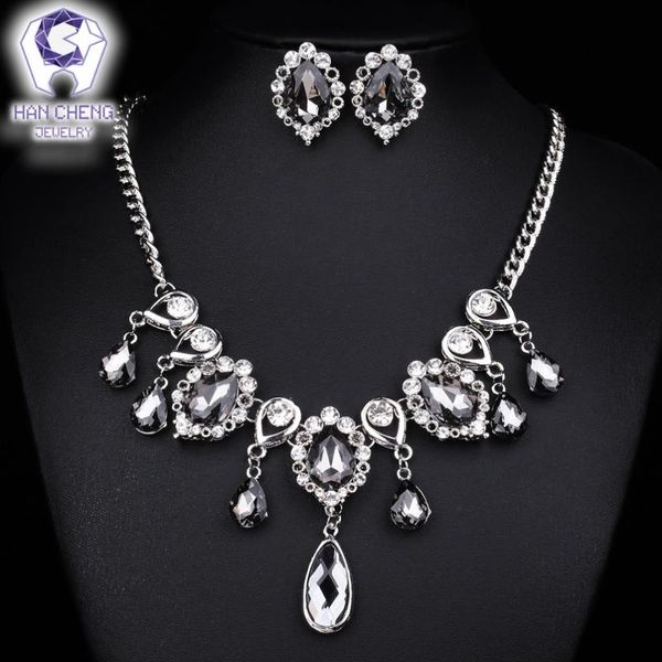 

earrings & necklace hancheng fashion luxury water drop created crystal rhinestone tassel statement pendant women jewelry collier, Silver
