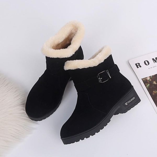 

boots fashion metal buckle women shoes winter warm snow 2021 no-slip comfort plush ankle botas woman casual platform boot, Black