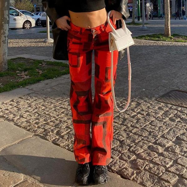 

women's pants & capris women red geometric printed digital camouflage 2021 autumn fashion straight hight waist streetwear button y2k tr, Black;white