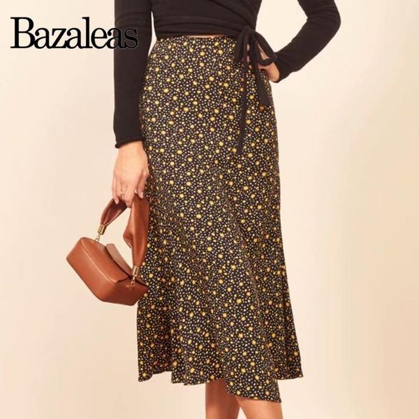 

skirts bazaleas vintage slim high waist women skirt elegant yellow sun print black midi
