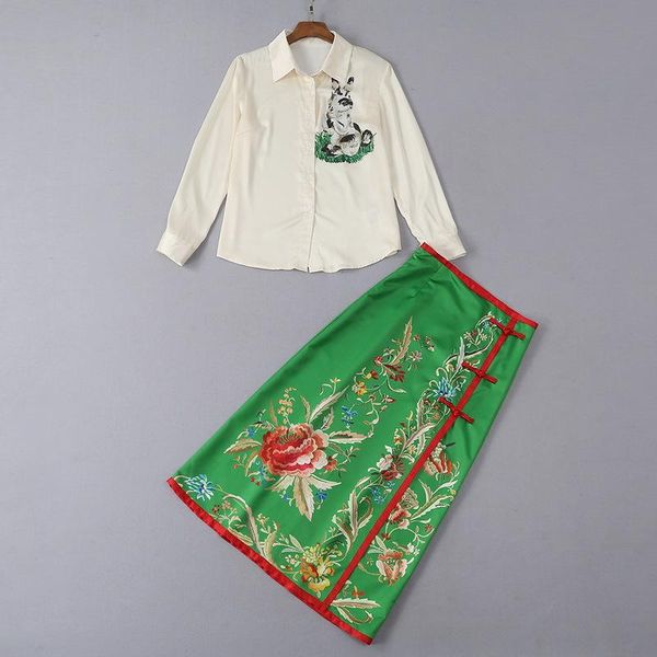 

2021 spring summer women suits cute print single breasted shirt elegant flower green skirt 2 piece sets women's two pants, White