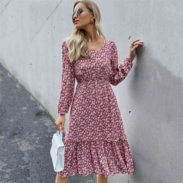

women spring dress long sleeve elegant lady floral print square collar pink midi es ruffles hem party for woman 210520, Black;gray