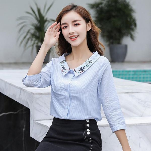 

shirts summer korea fashion 3/4 releases peter pan neck casual embroidered cotton blouse women's d474, White
